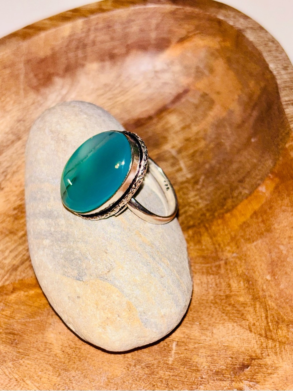 Teal Agate Sterling Silver Plated Boho Oval Green Blue Gemstone Ring | Size 9